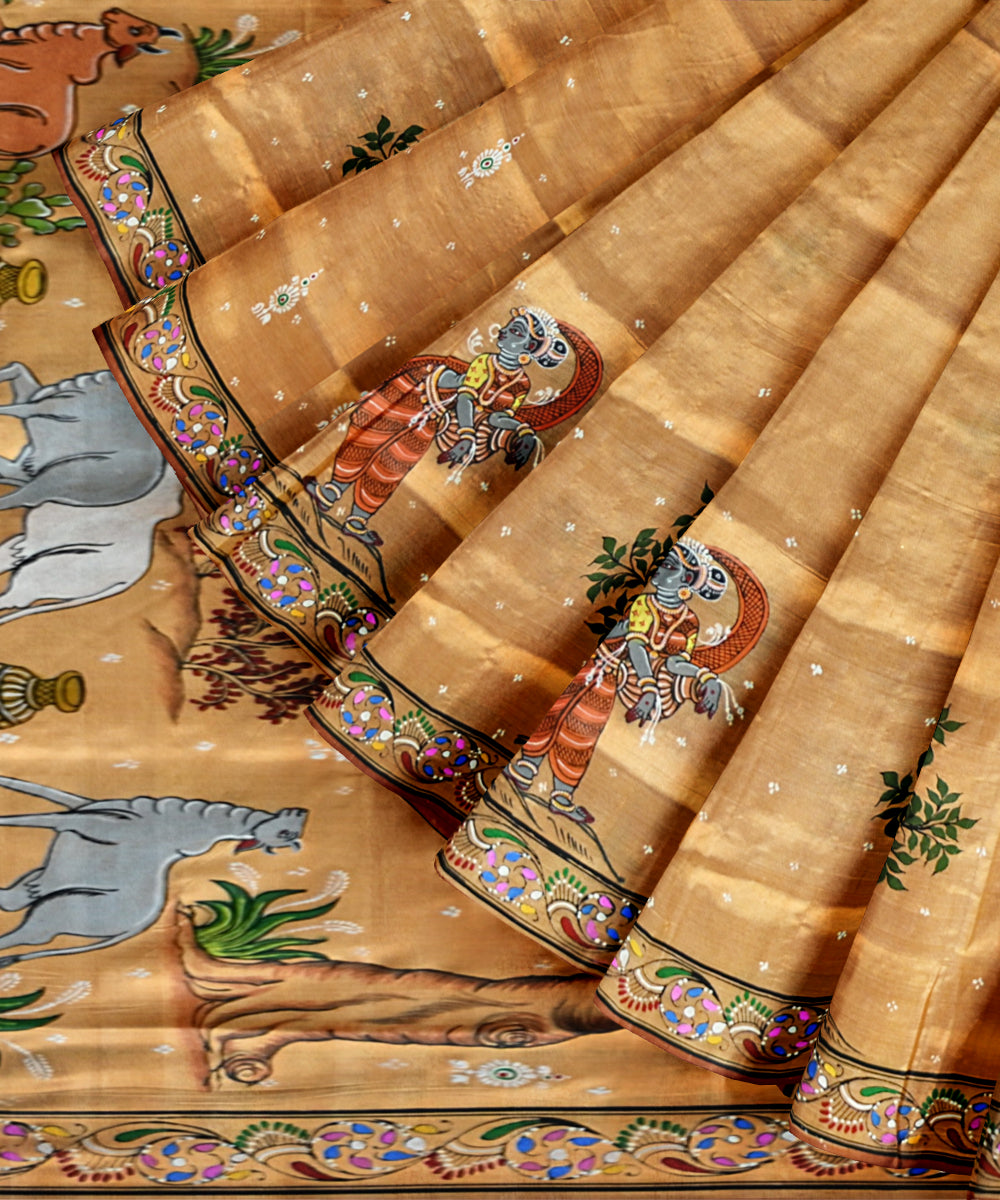 Beige atomic tangerine silk handloom tussar saree