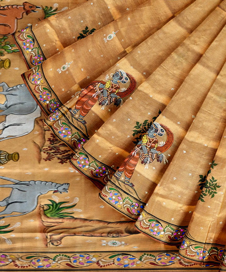 Beige atomic tangerine silk handloom tussar saree