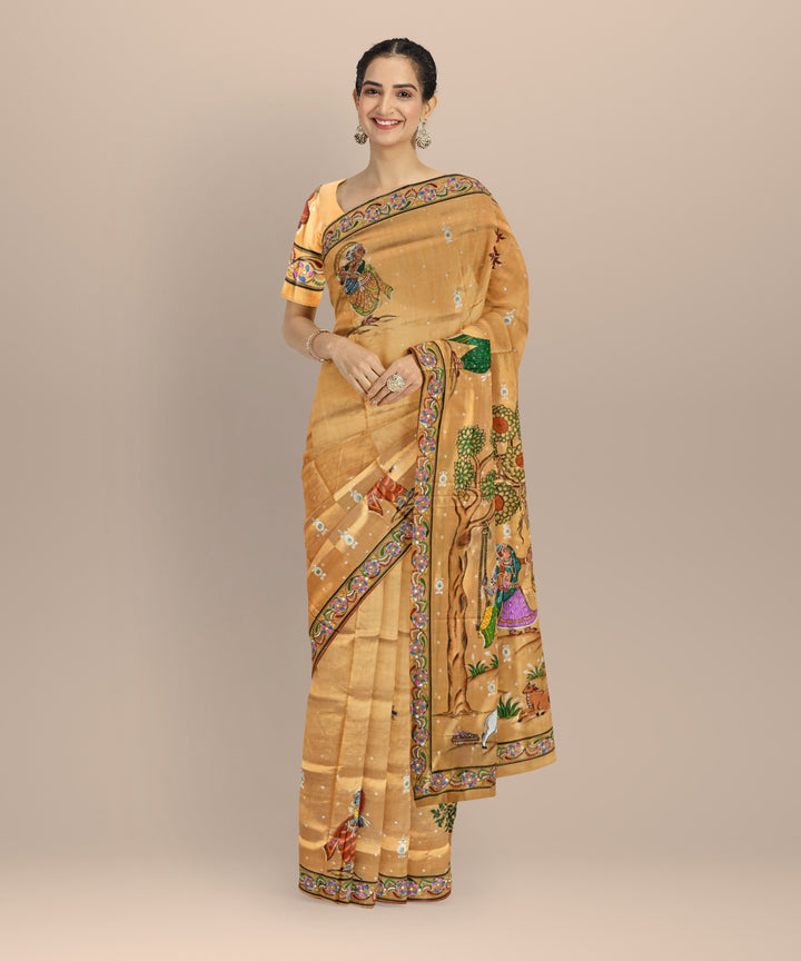 Beige atomic tangerine silk handloom tussar saree