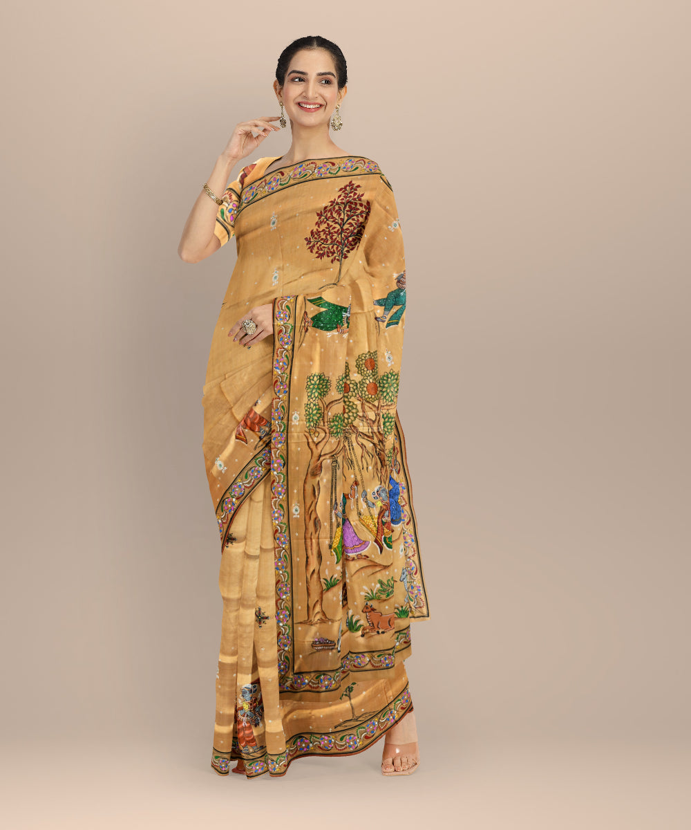 Beige atomic tangerine silk handloom tussar saree