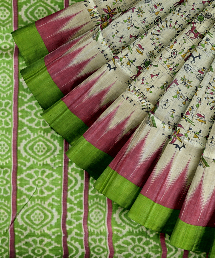 Cream multicolour Tussar silk handloom saree