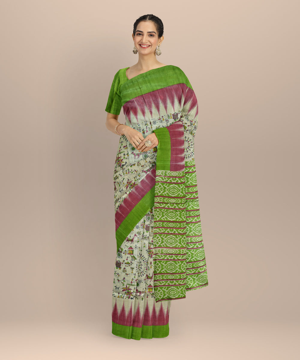 Cream multicolour Tussar silk handloom saree