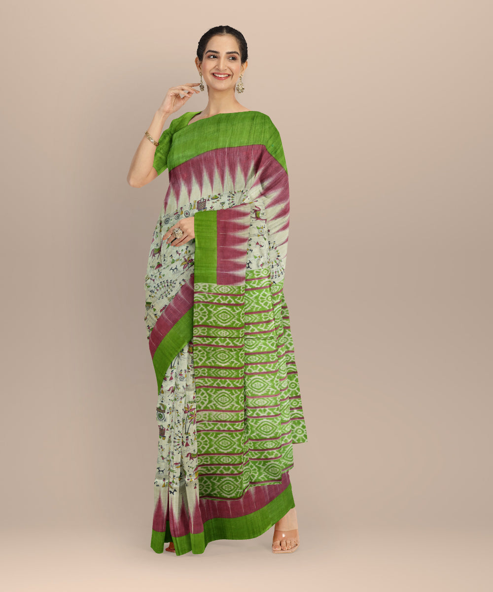 Cream multicolour Tussar silk handloom saree