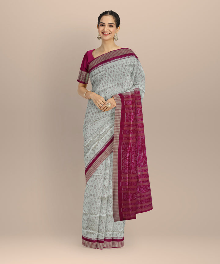 White deep cerise silk handloom sambalpuri saree