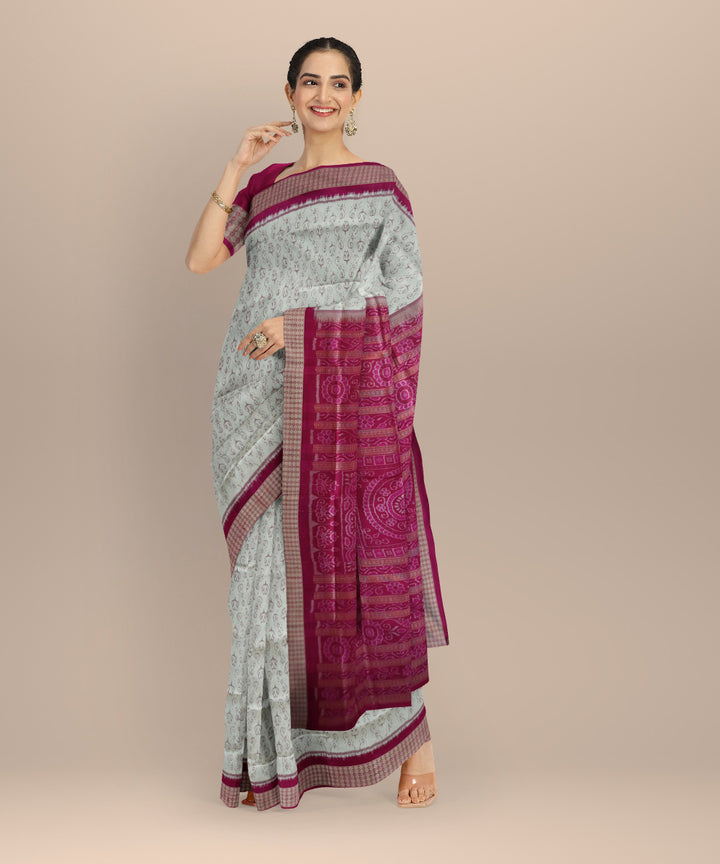 White deep cerise silk handloom sambalpuri saree