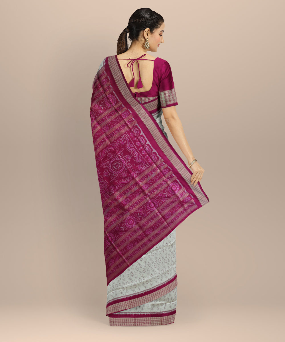 White deep cerise silk handloom sambalpuri saree