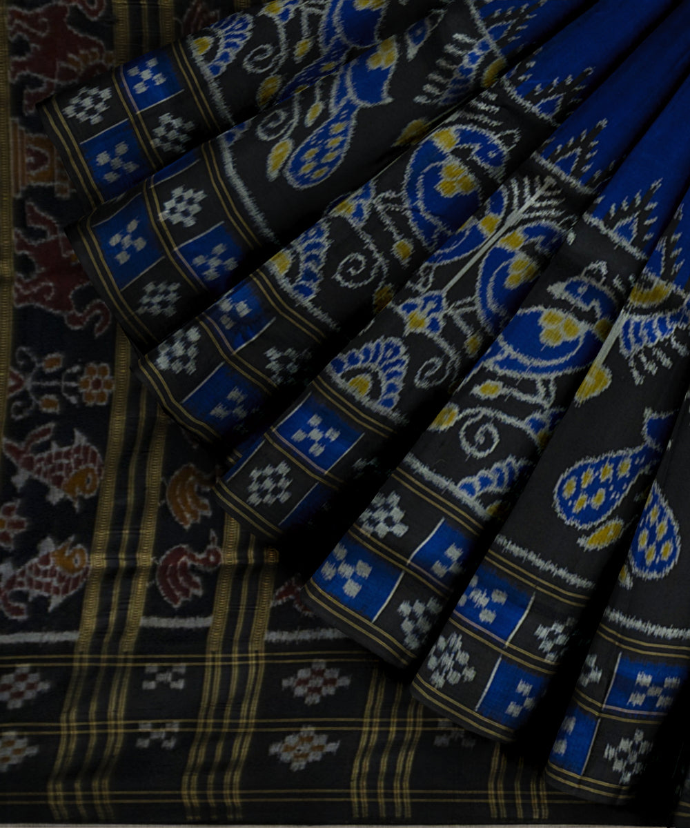 Sky blue black silk handloom khandua saree