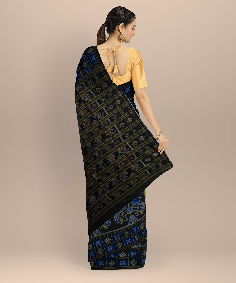 Sky blue black silk handloom khandua saree