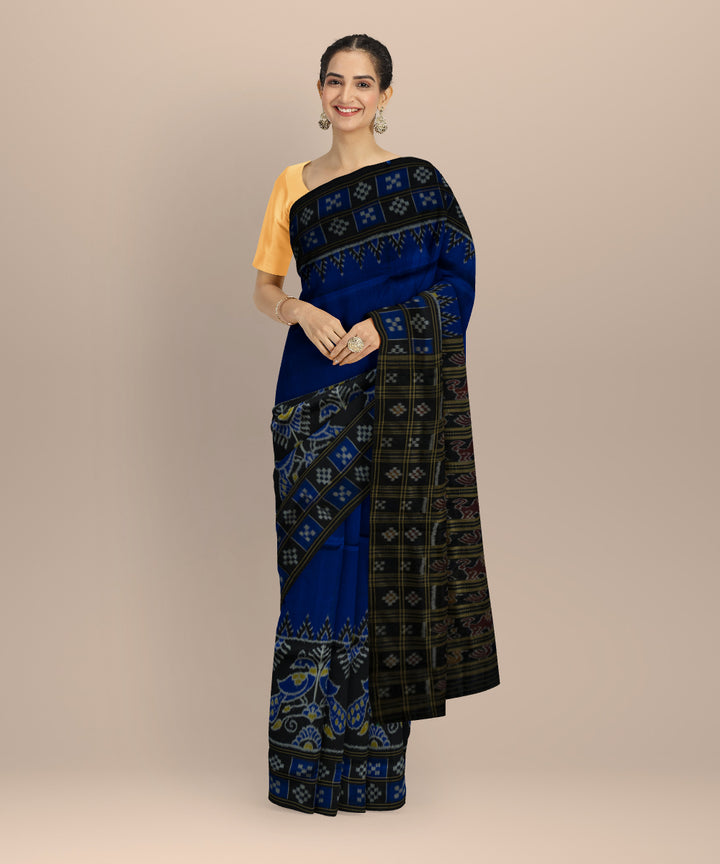 Sky blue black silk handloom khandua saree