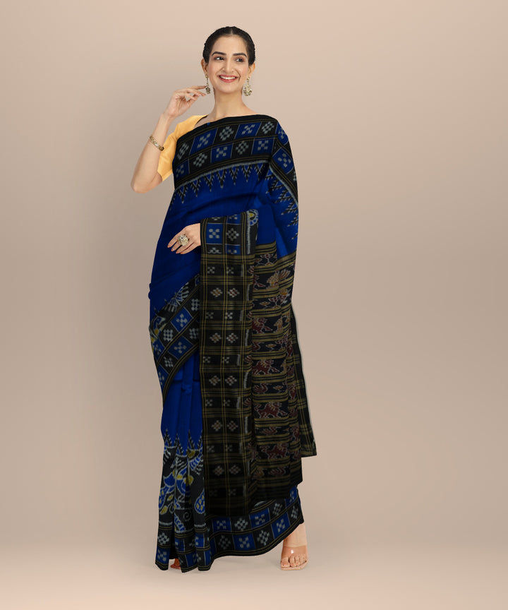 Sky blue black silk handloom khandua saree