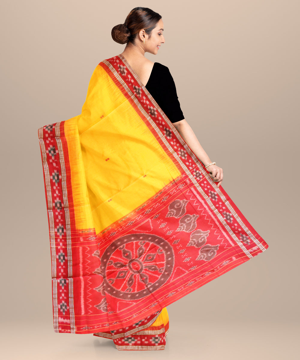 Yellow dark red cotton handloom nuapatna saree