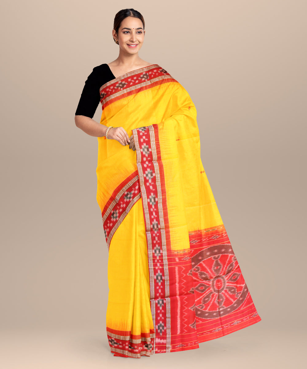 Yellow dark red cotton handloom nuapatna saree