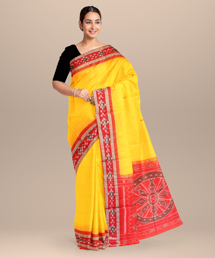 Yellow dark red cotton handloom nuapatna saree