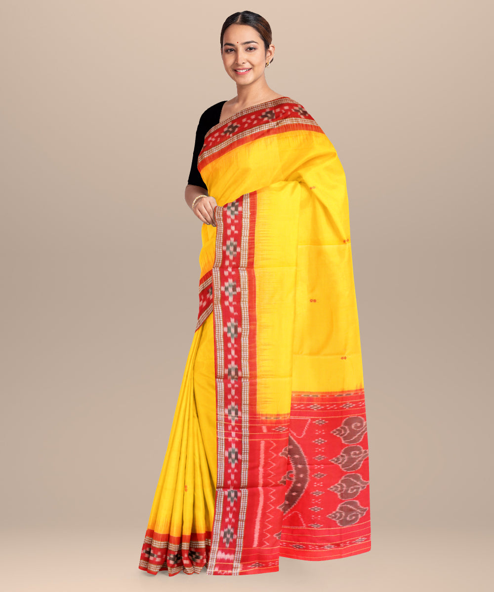 Yellow dark red cotton handloom nuapatna saree
