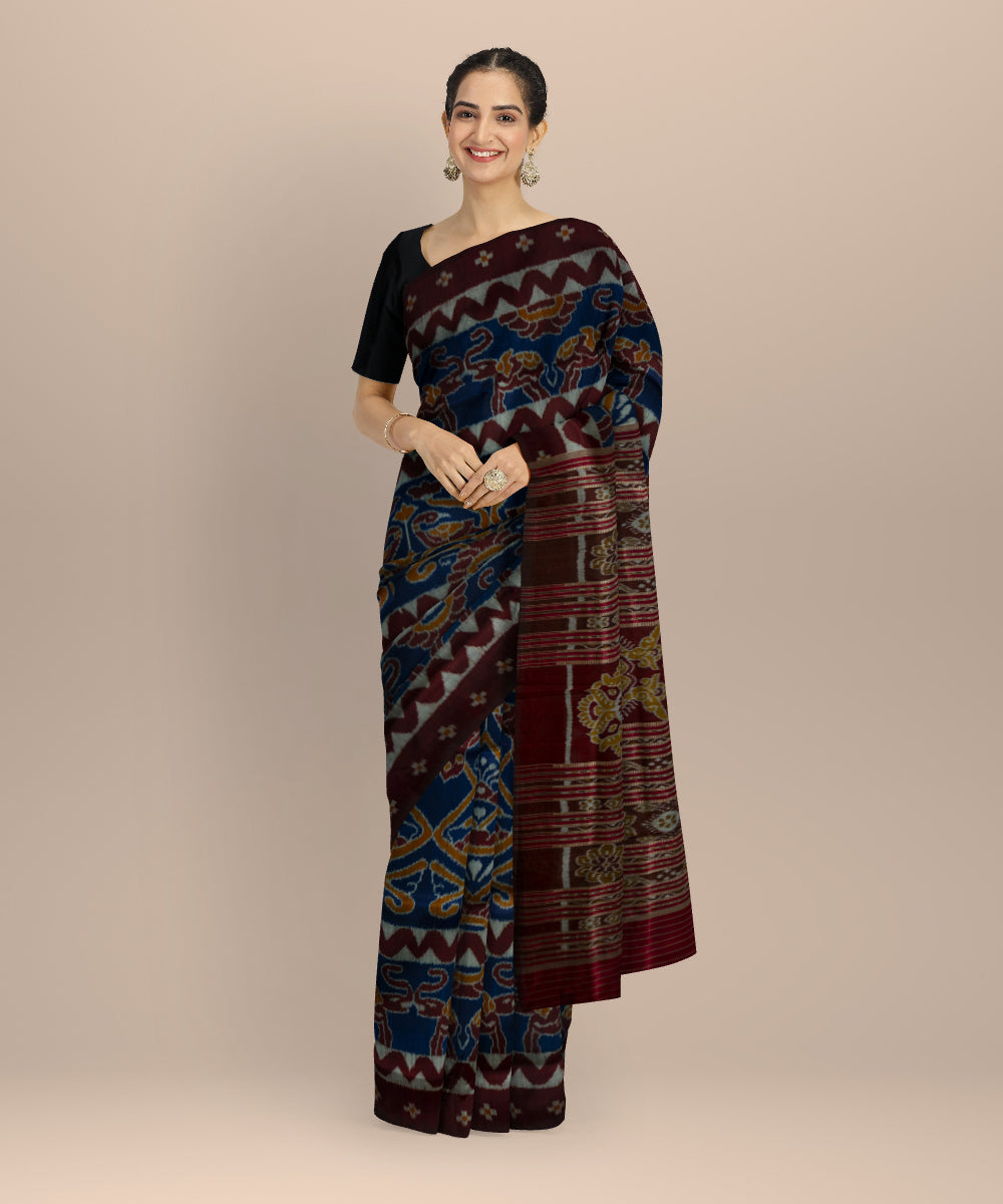 Navy blue maroon silk handloom khandua saree