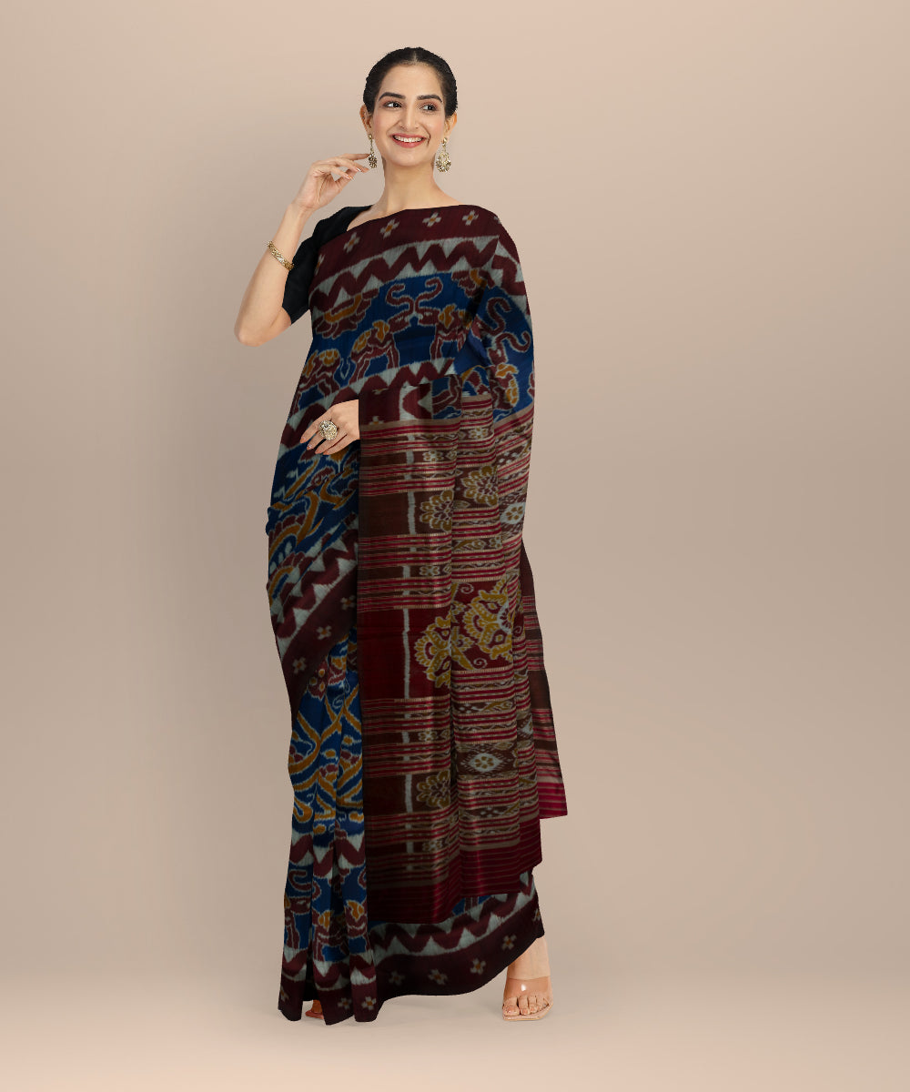 Navy blue maroon silk handloom khandua saree