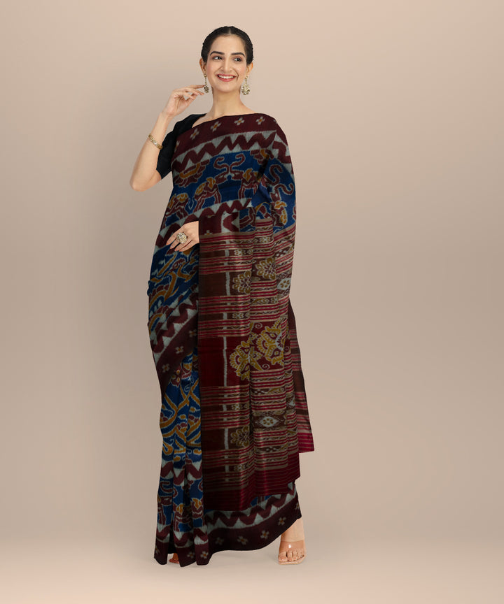 Navy blue maroon silk handloom khandua saree