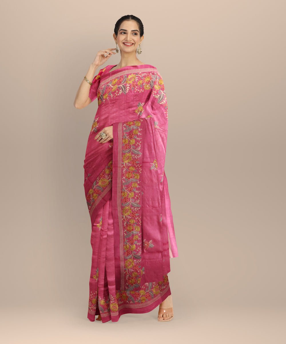 Flamingo pink silk handloom odisha ikat saree