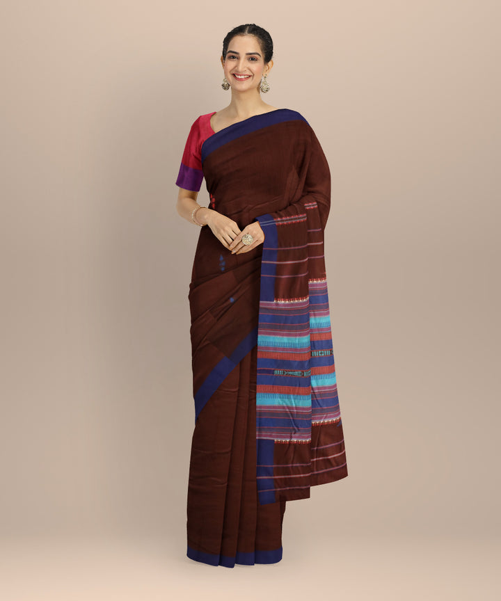 Brown ink blue cotton handloom sonepur saree