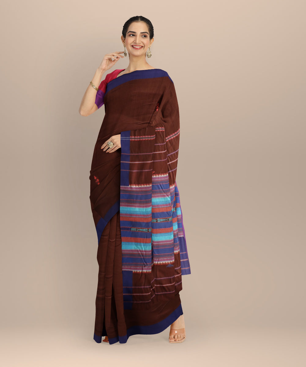 Brown ink blue cotton handloom sonepur saree