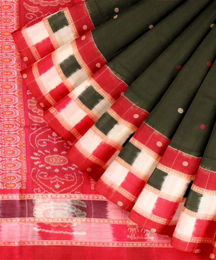 Dark green dark red cotton handloom bomkai saree