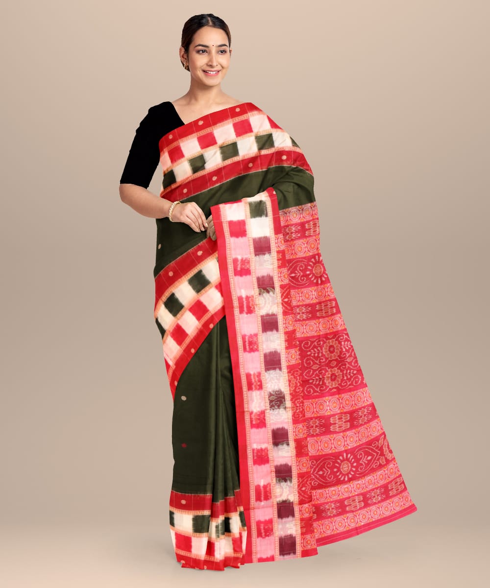 Dark green dark red cotton handloom bomkai saree