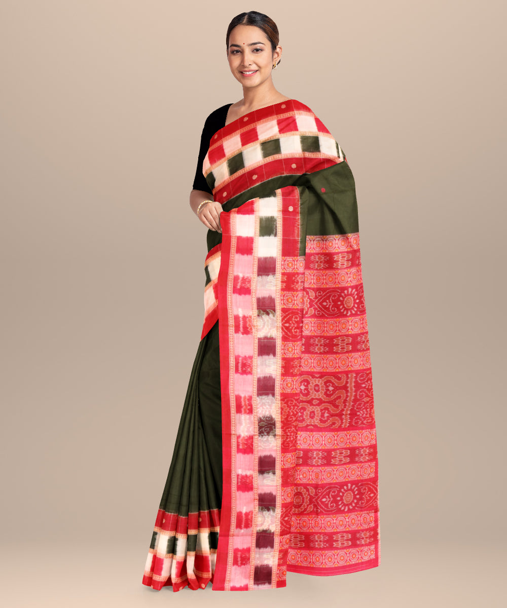 Dark green dark red cotton handloom bomkai saree