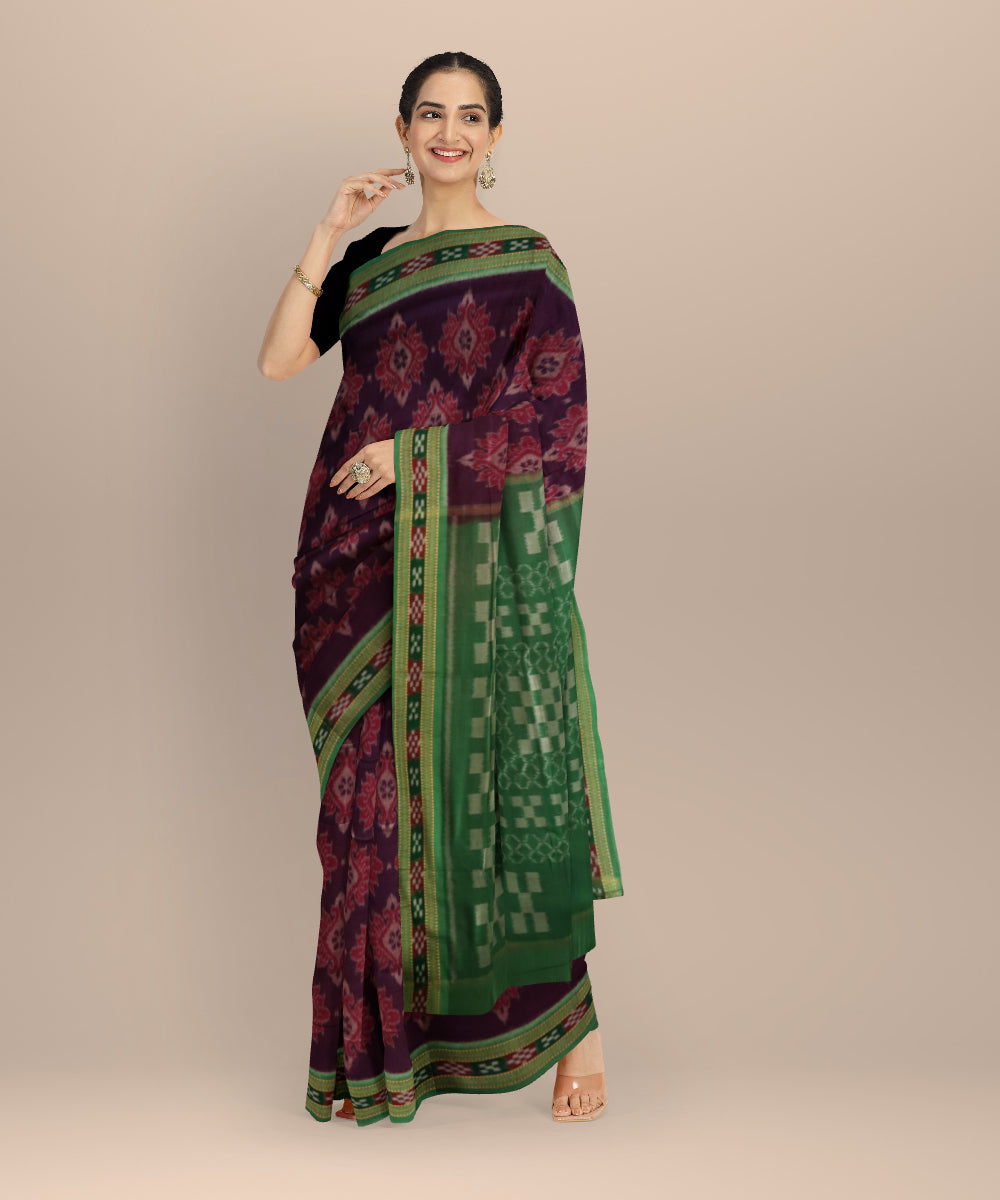 Purple bud green cotton handloom nuapatna saree