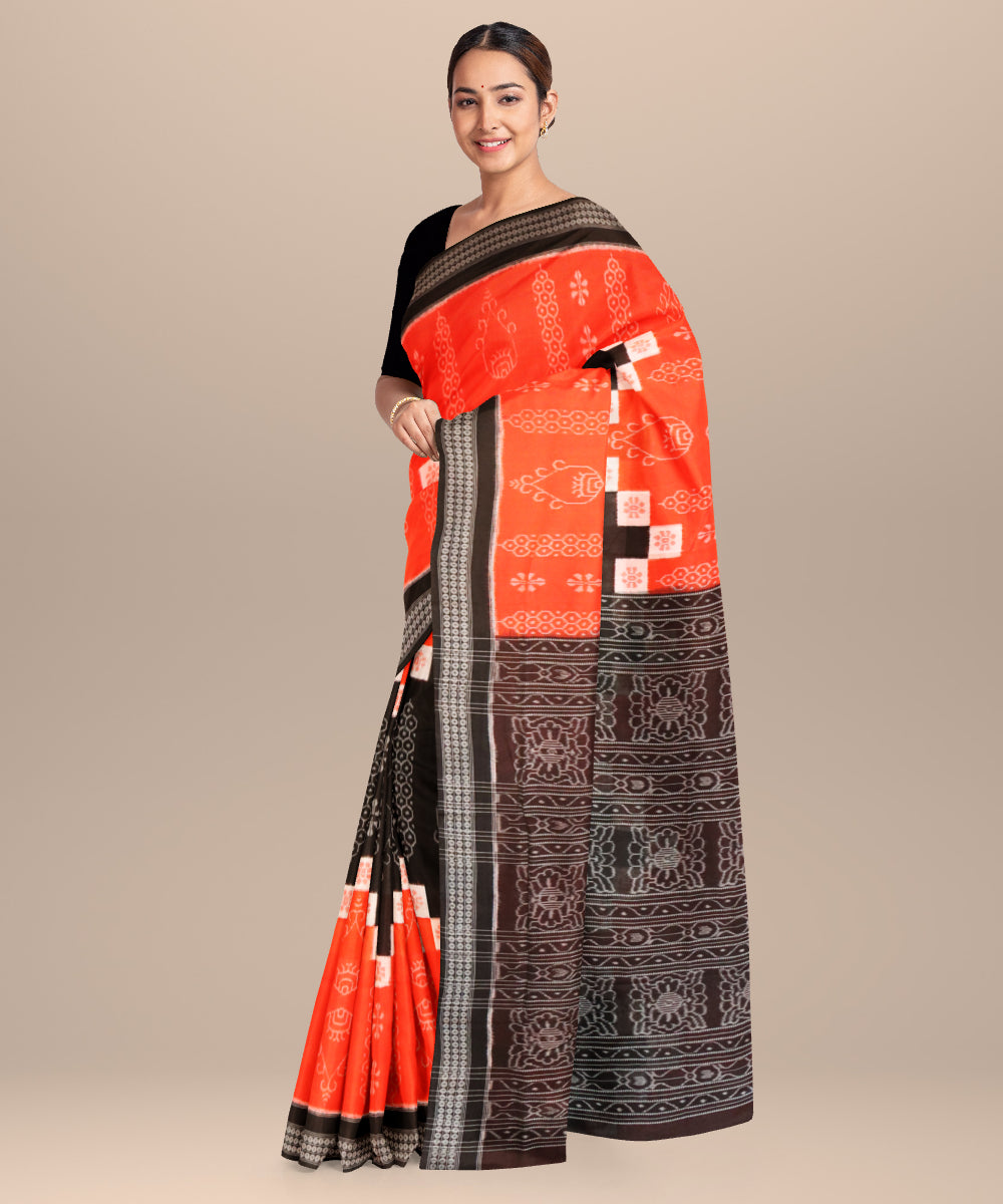 Orange black cotton handloom sambalpuri saree