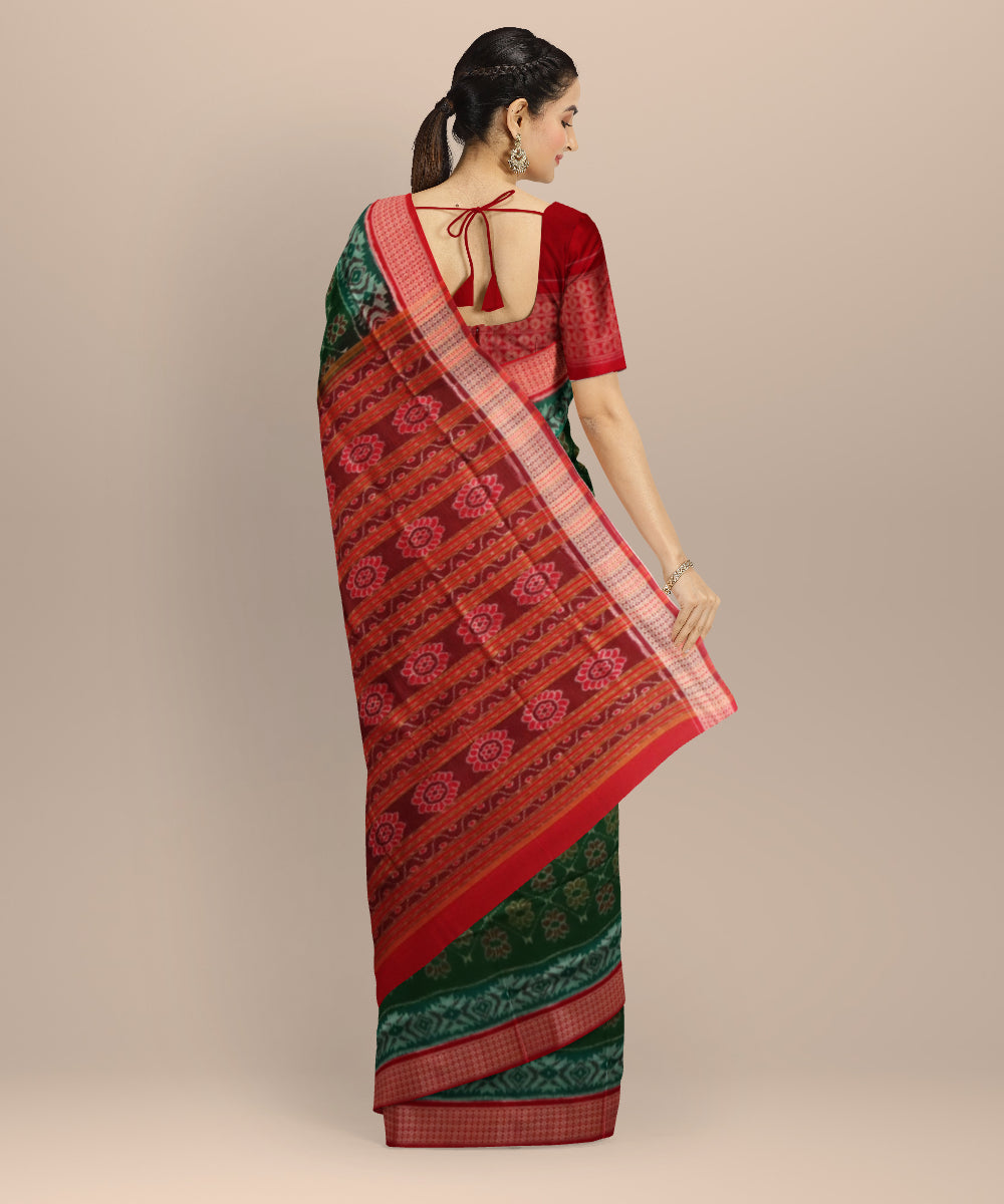 Dark green dark red cotton handloom sambalpuri saree