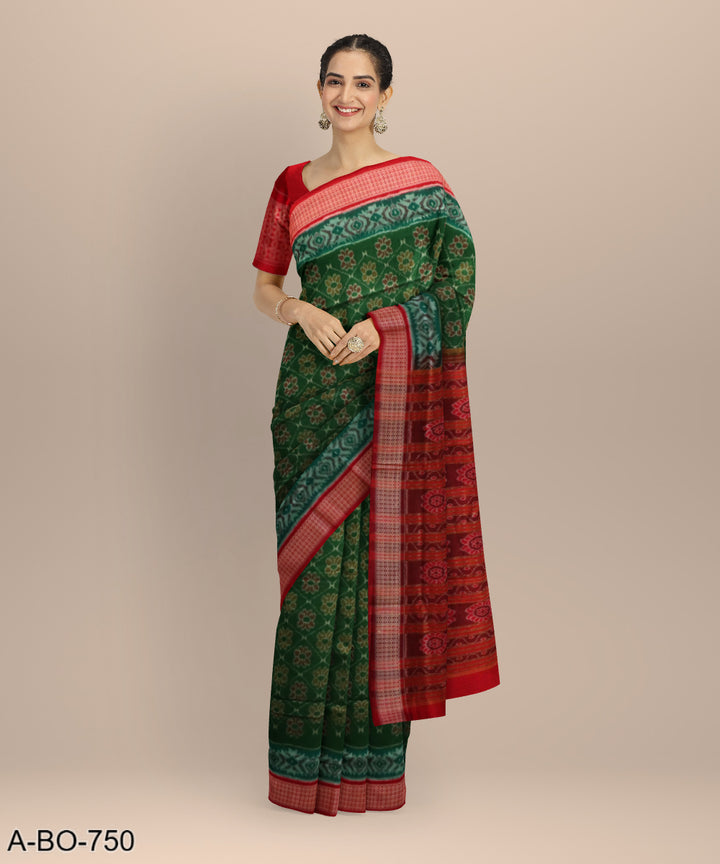 Dark green dark red cotton handloom sambalpuri saree
