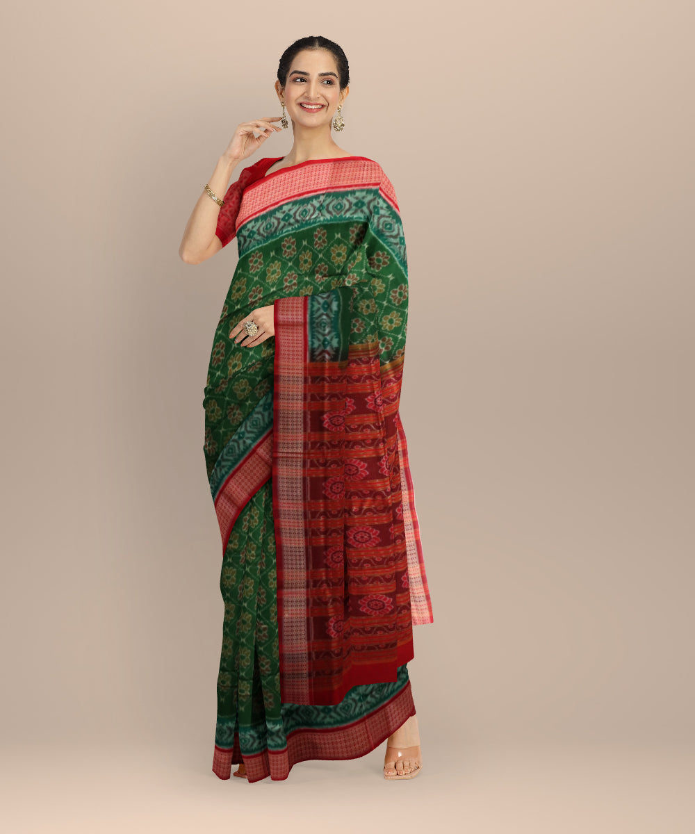Dark green dark red cotton handloom sambalpuri saree