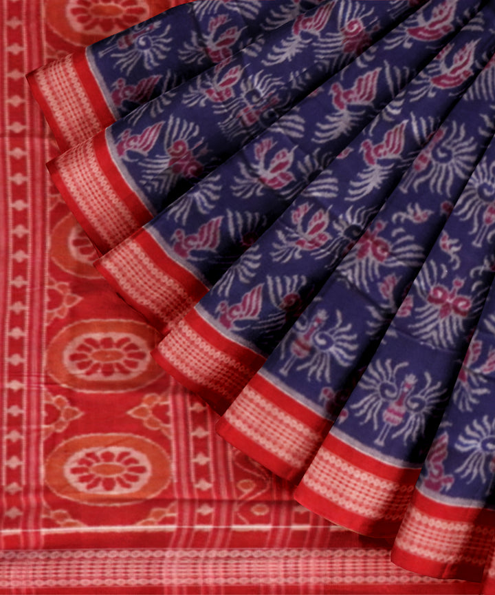 Navy blue dark red cotton handloom sambalpuri saree