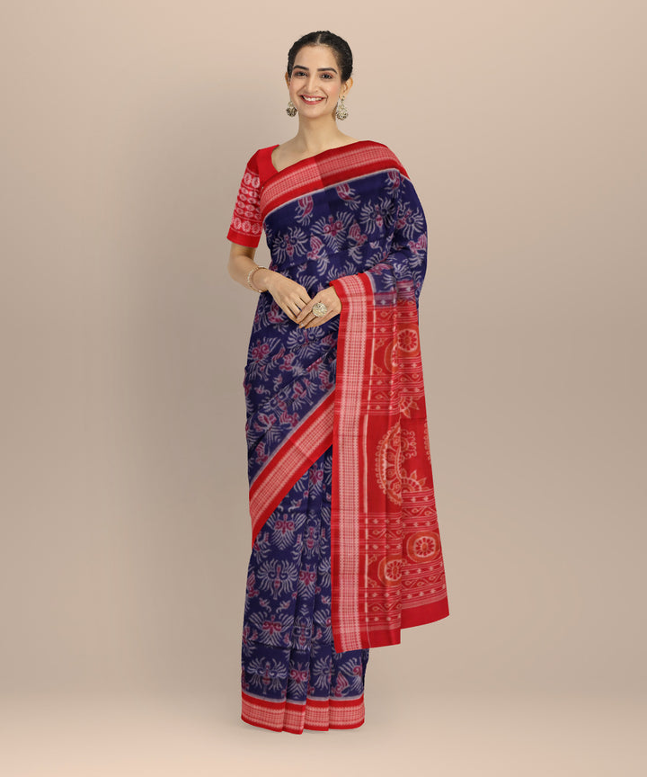 Navy blue dark red cotton handloom sambalpuri saree