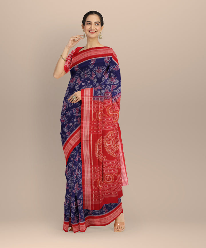 Navy blue dark red cotton handloom sambalpuri saree