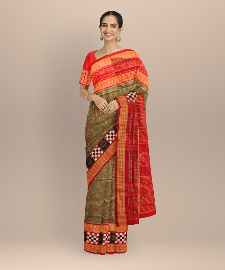 Brown dark red cotton handloom sambalpuri saree