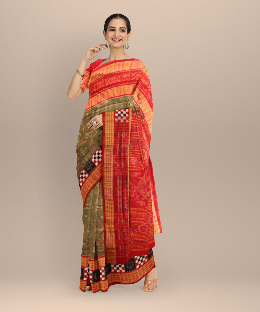 Brown dark red cotton handloom sambalpuri saree