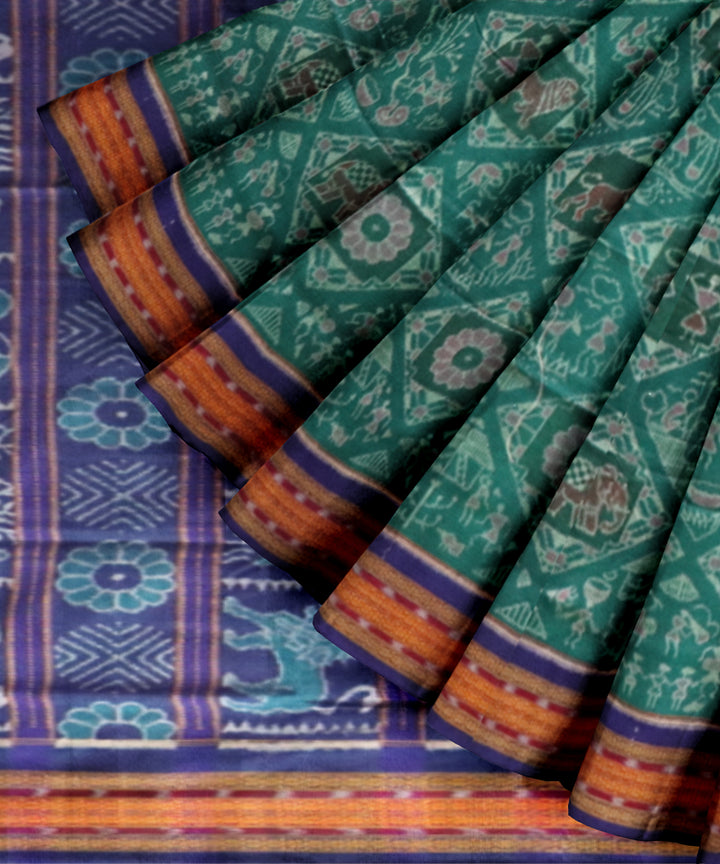 Cyan green dark blue cotton handloom sambalpuri saree