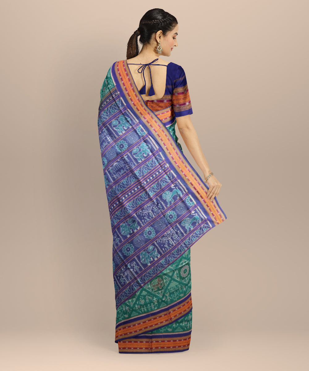 Cyan green dark blue cotton handloom sambalpuri saree