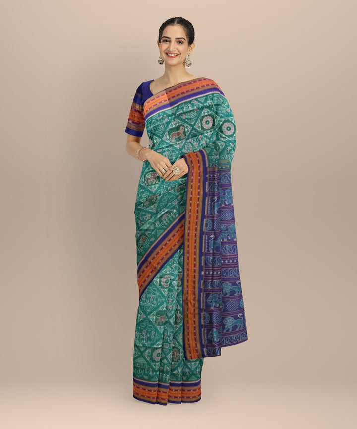 Cyan green dark blue cotton handloom sambalpuri saree