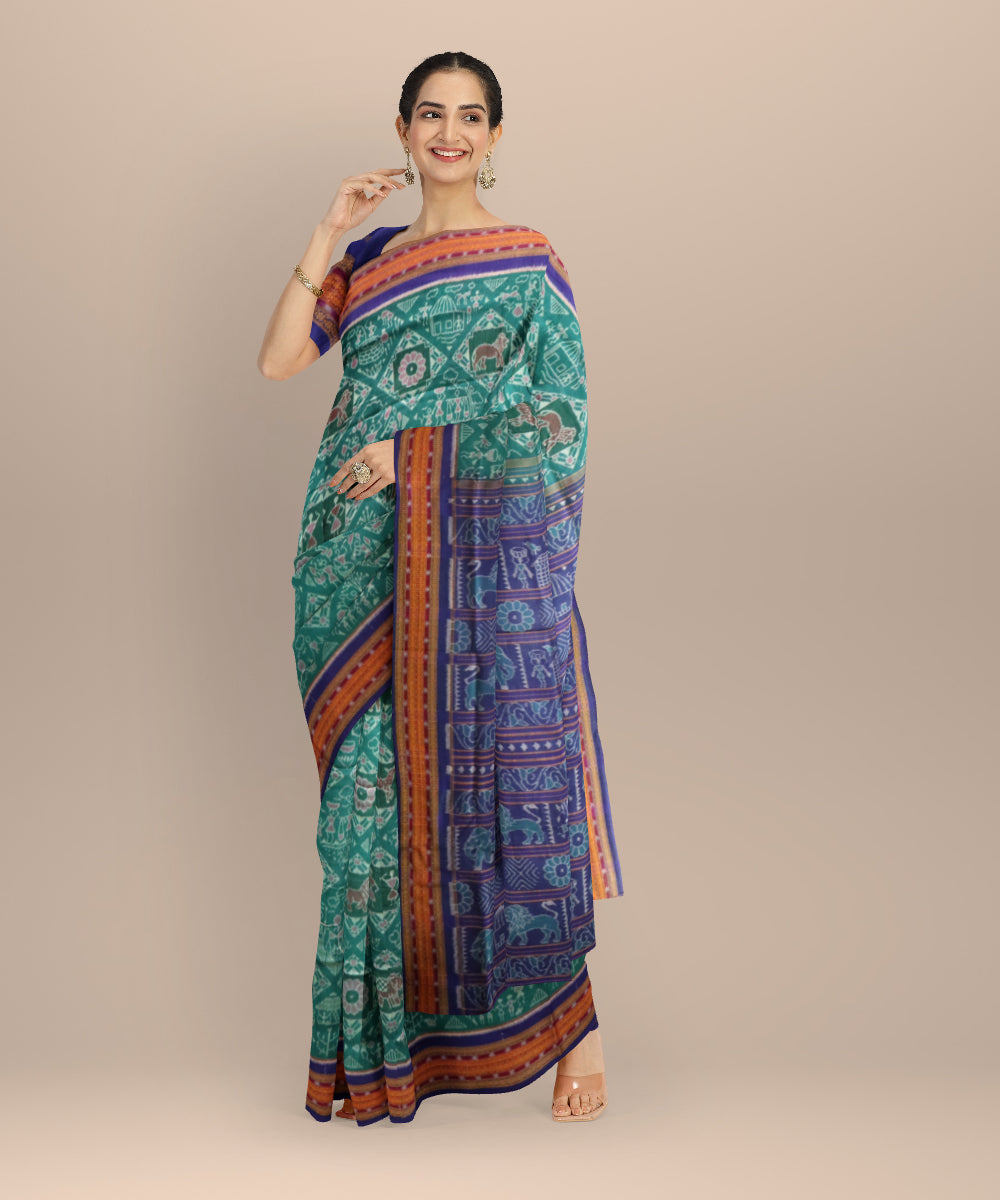 Cyan green dark blue cotton handloom sambalpuri saree