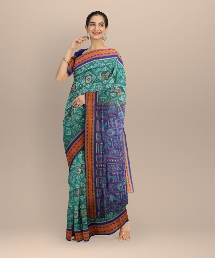 Cyan green dark blue cotton handloom sambalpuri saree