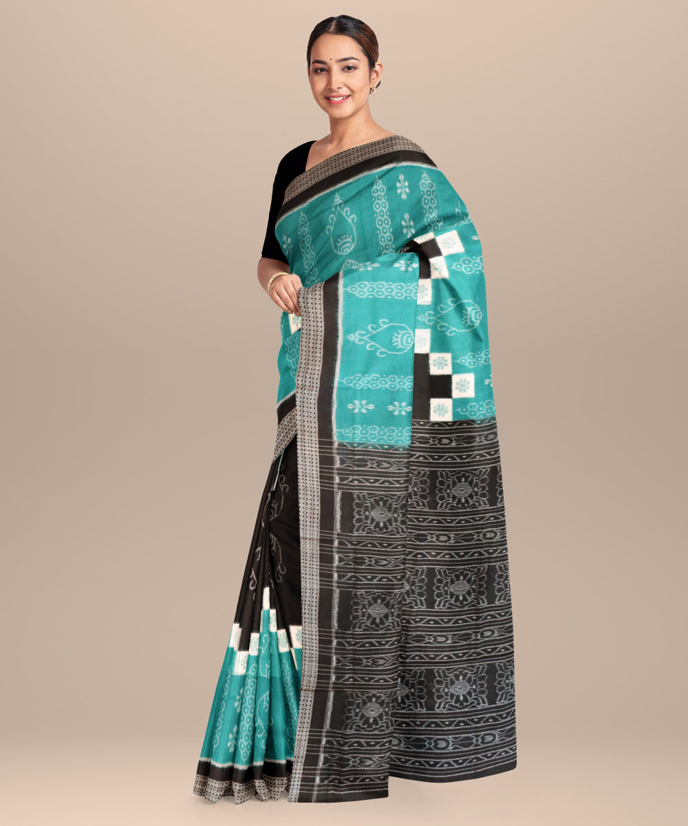 Cadet blue black cotton handloom sambalpuri saree