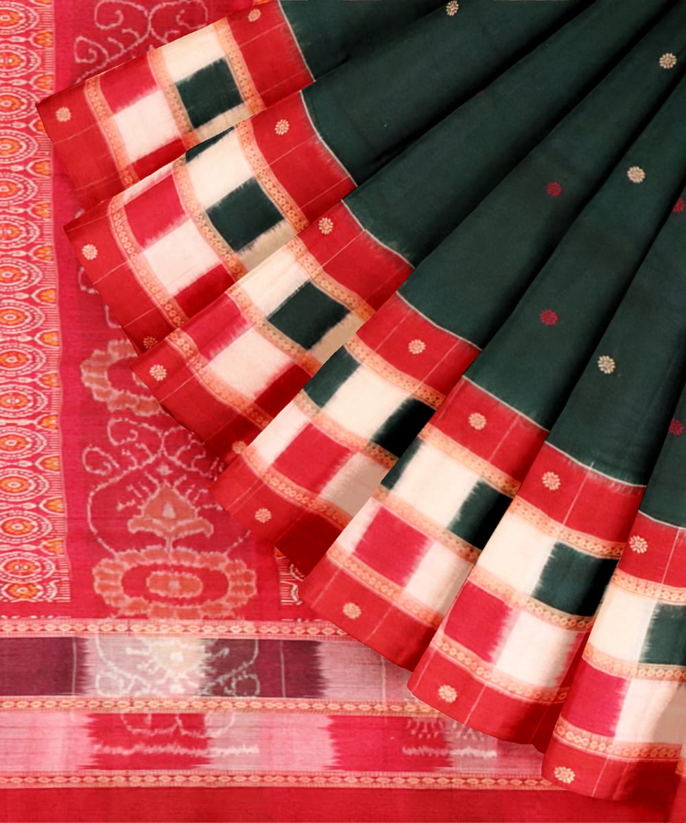 Dark green red cotton handloom bomkai saree