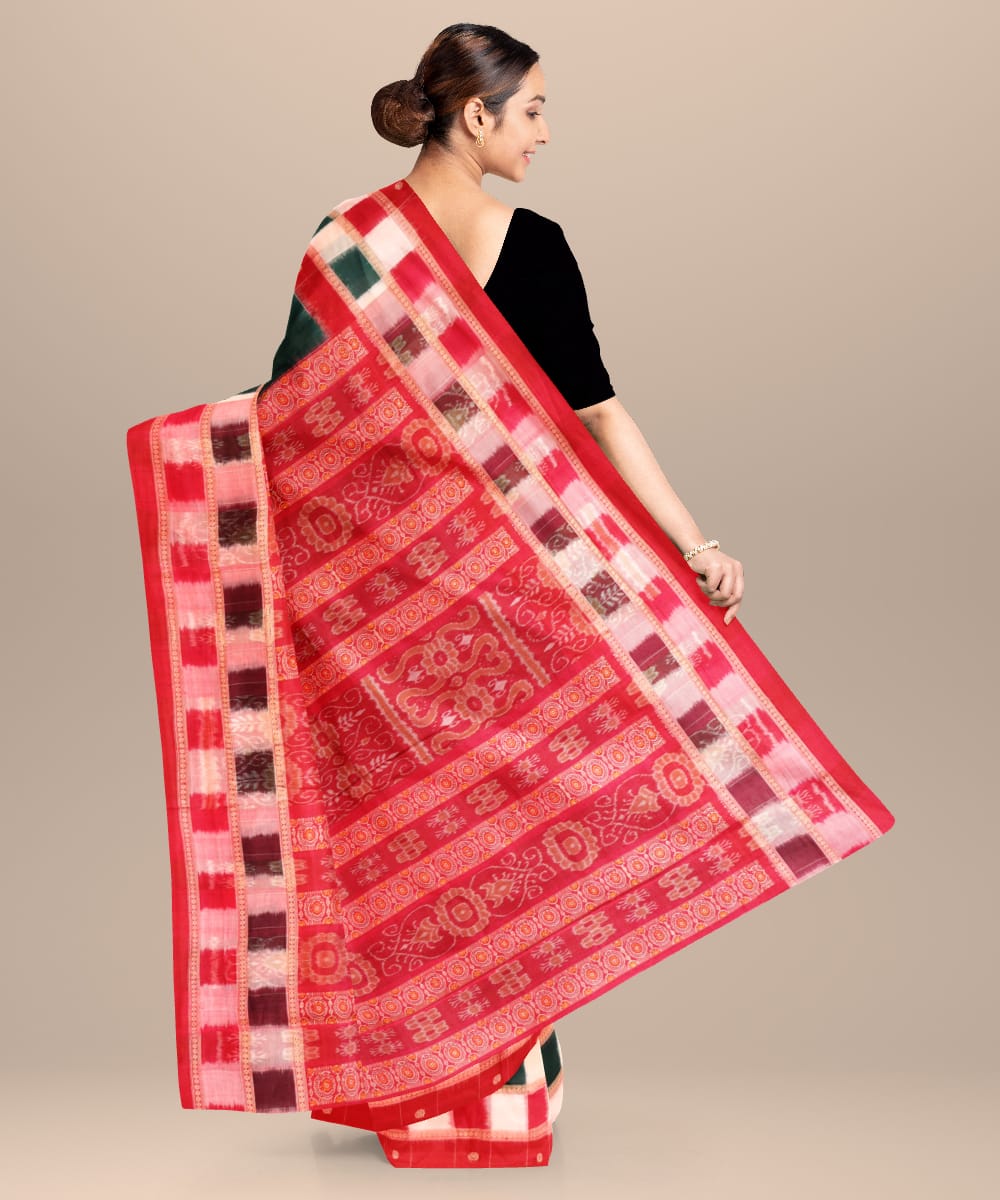 Dark green red cotton handloom bomkai saree