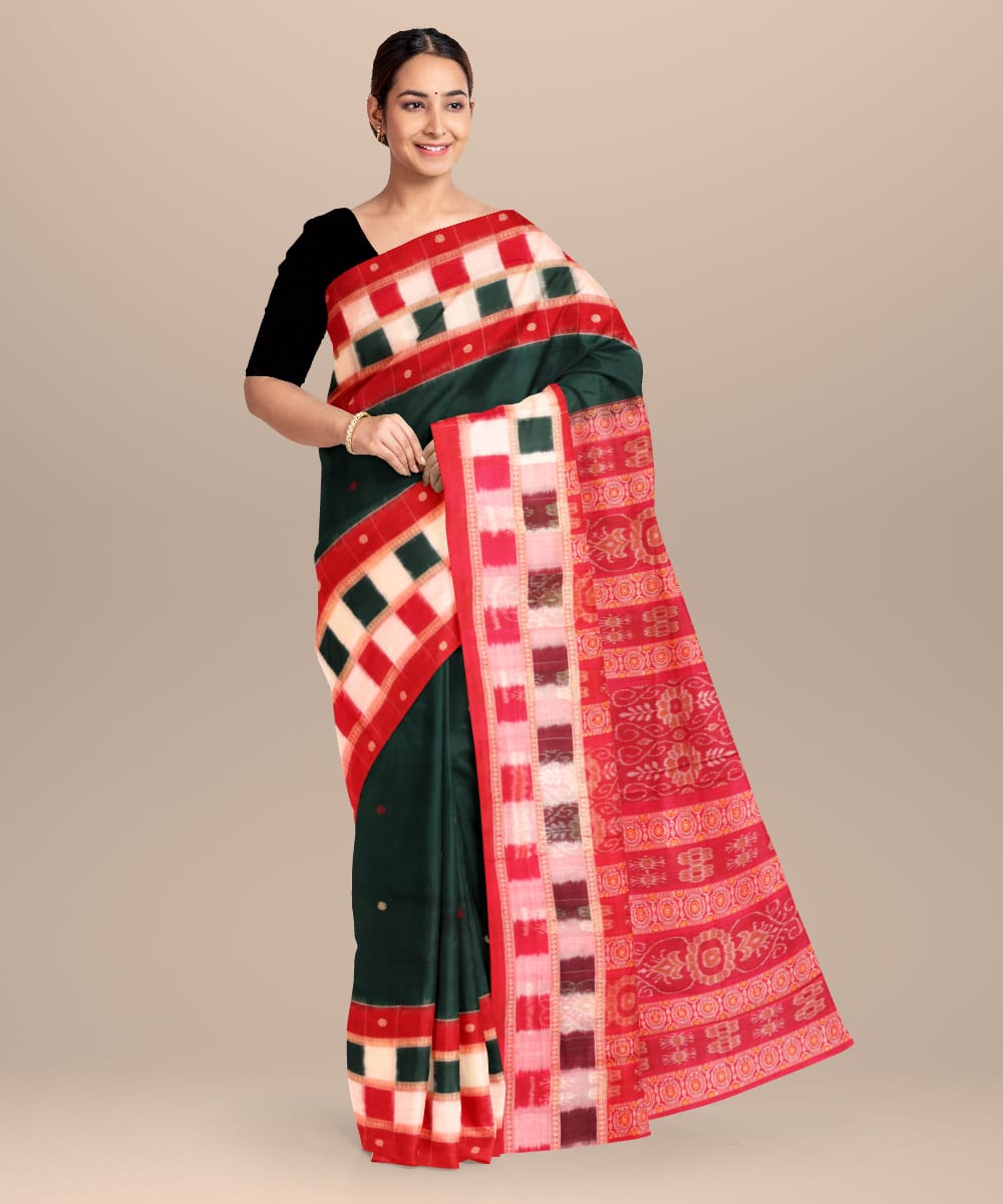 Dark green red cotton handloom bomkai saree