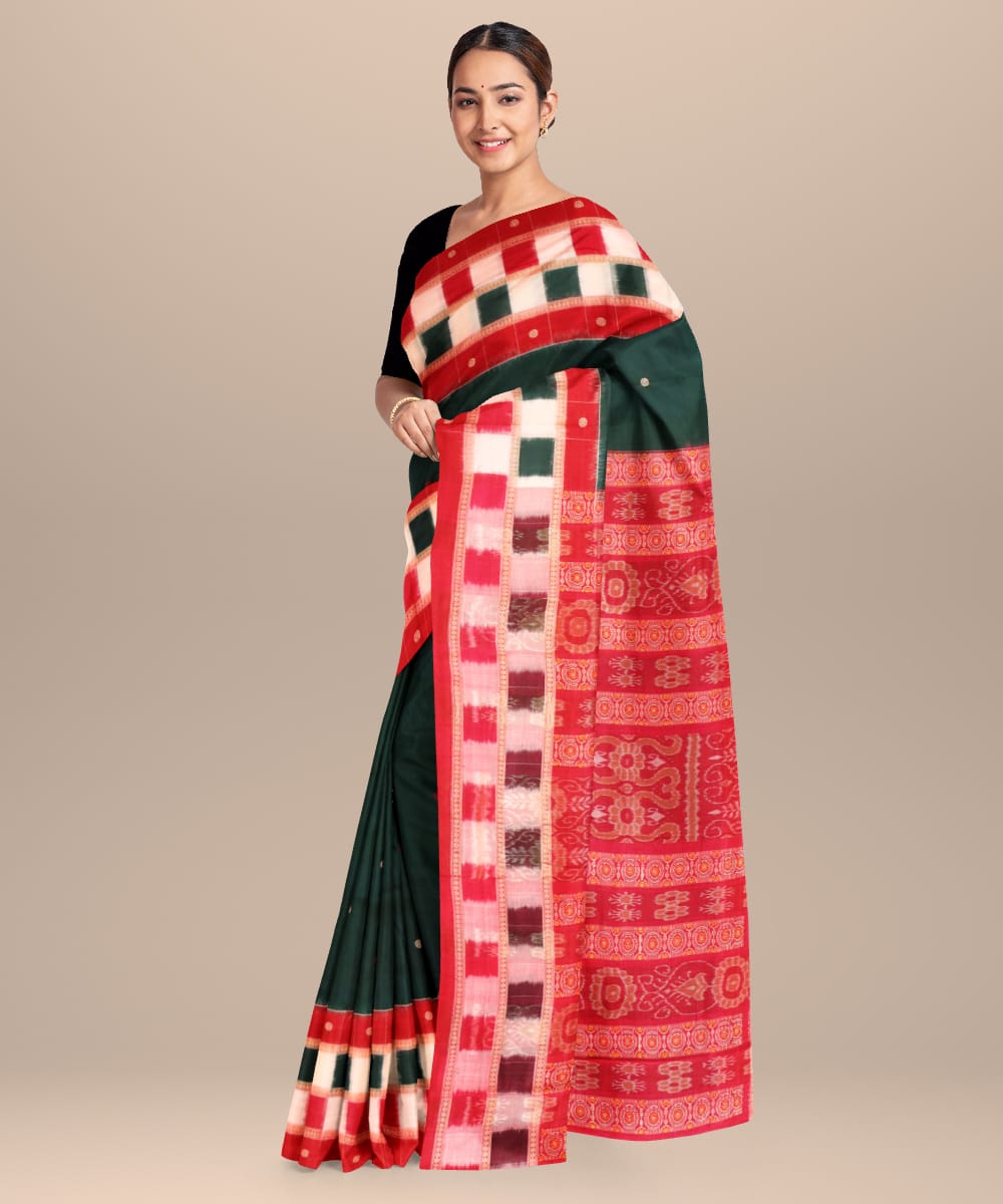 Dark green red cotton handloom bomkai saree