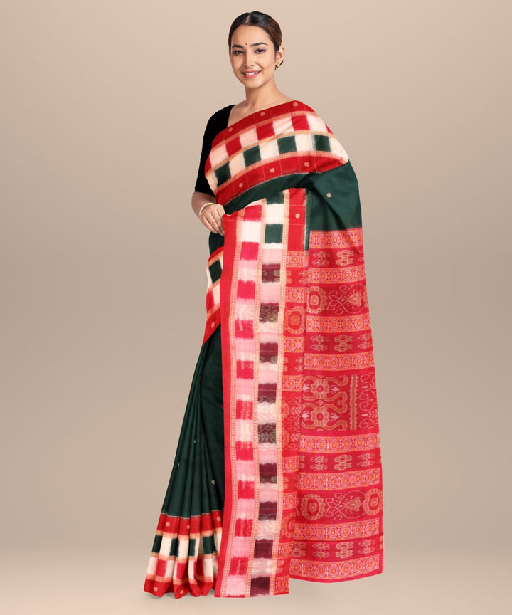 Dark green red cotton handloom bomkai saree