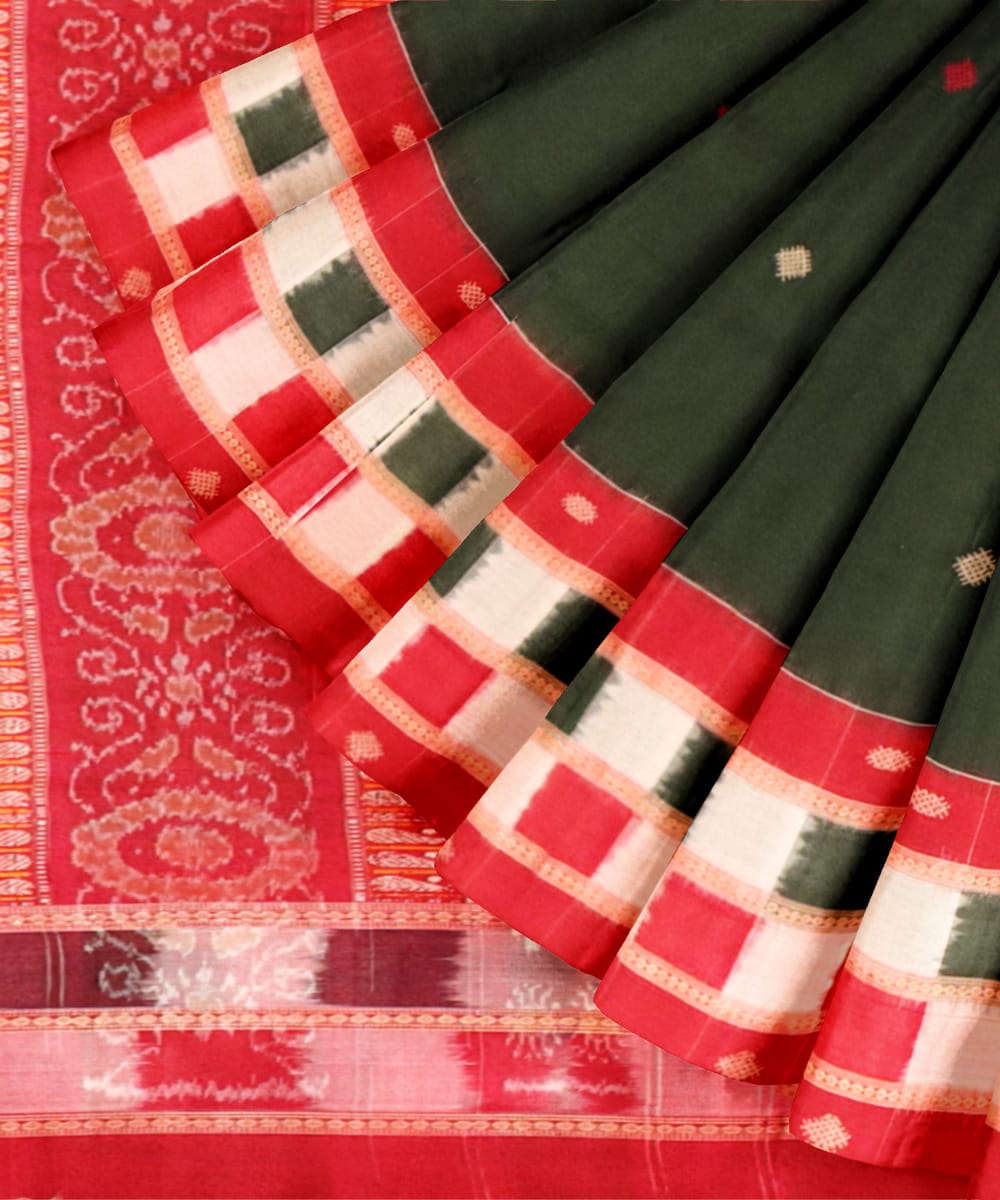 Dark green red handloom cotton bomkai saree