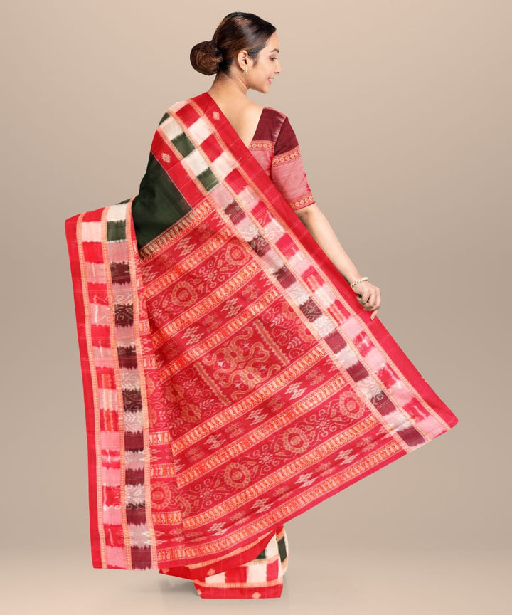 Dark green red handloom cotton bomkai saree